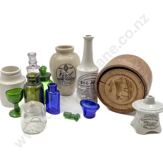 Various Colonial Stone and Glass Jars Eyeglasses and Shortbread Moulds