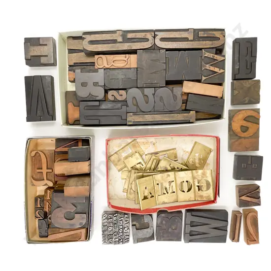 Collection Printers Wooden Letter Blocks and Brass Stencils