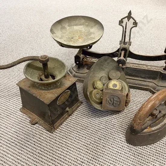 Victorian Cast Iron Benchtop Scales Coffee Bean Grinder and Flatiron