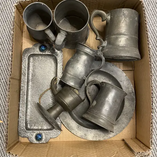 Collection of Pewter Tankards with Two Trays and Pewter Part Candle Jack