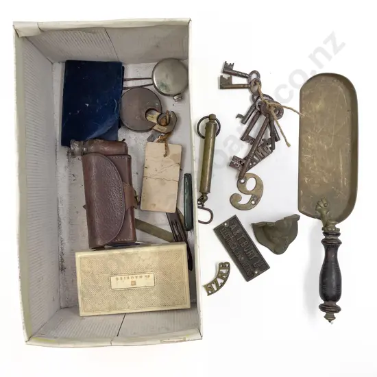 Military Leather Pouch and Vintage Keys with Crumb Tray etc