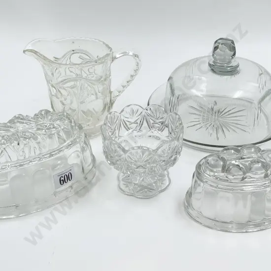 Two Victorian Pressed Glass Jelly Moulds with Covered Dish