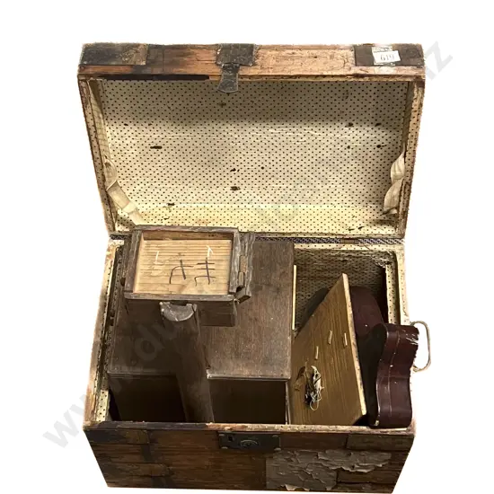 Small Victorian Pine Travel Trunk with Two Japanese Boxes