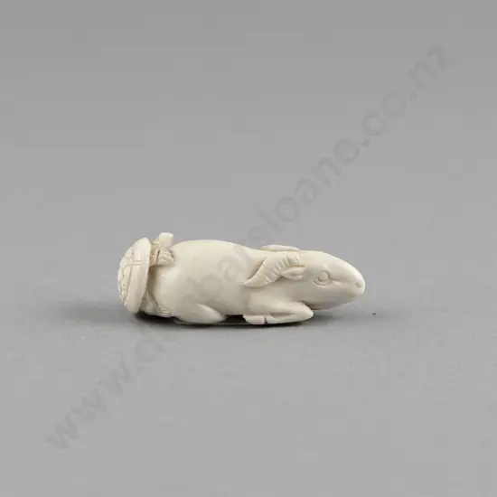 Signed Ivory Netsuke of a Reclining Goat with Turtle on its Back