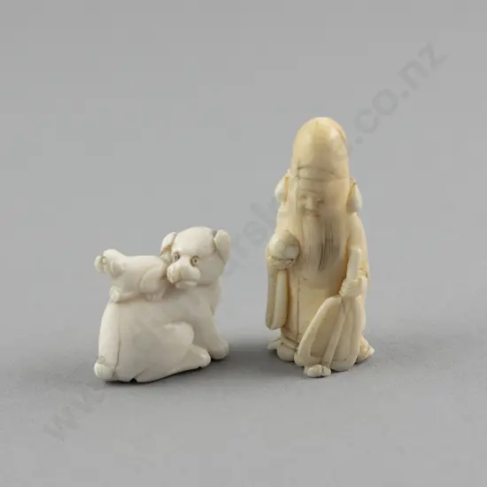 Signed Ivory Netsuke of an Immortal and of Dog and Puppy