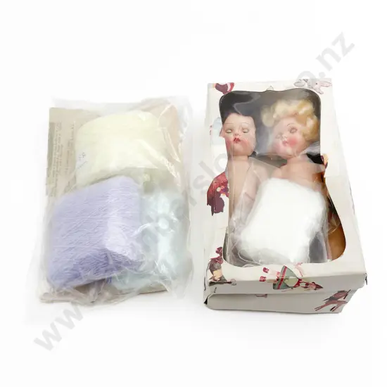 Pair As New Rosebud Hard Plastic Dolls with C1954 Knitting Pattern and Wools