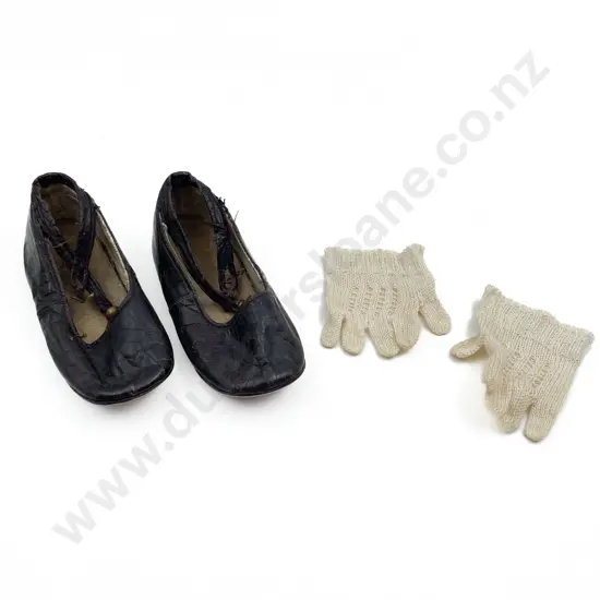 Pair Vintage Doll Shoes and Knitted Gloves
