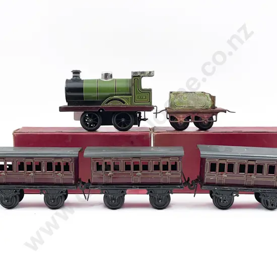 Bing O Gauge Clockwork Locomotive and Tender and three coaches