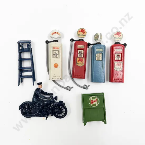 Britains Four Petrol Pumps with Oil Stand Ladder and Motorbike with rider