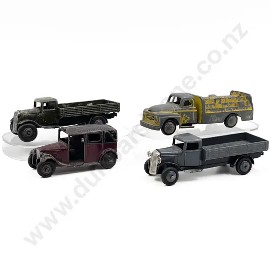 Two Dinky Early Model Wagons with Taxi and Micro Model Coca-Cola Bottle Truck playworn