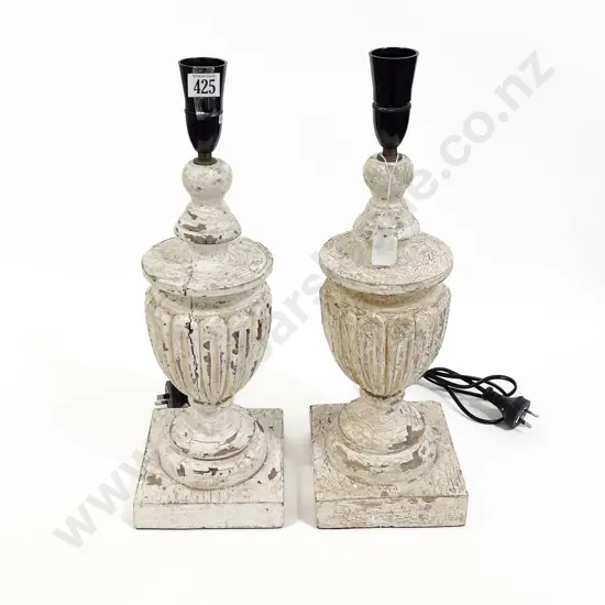 Pair Distress Painted Wooden Column Lamp Bases