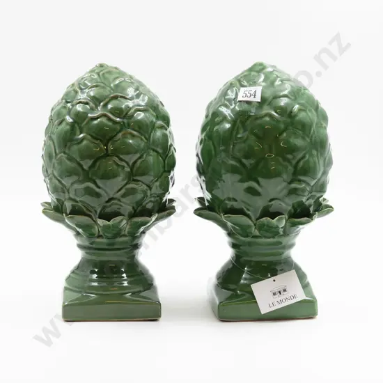 Pair Glazed Green Ornament Artichokes