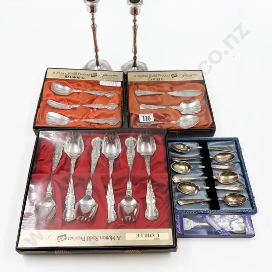 Small Quantity of Assorted Boxed Cutlery with Pair of Small Candlesticks
