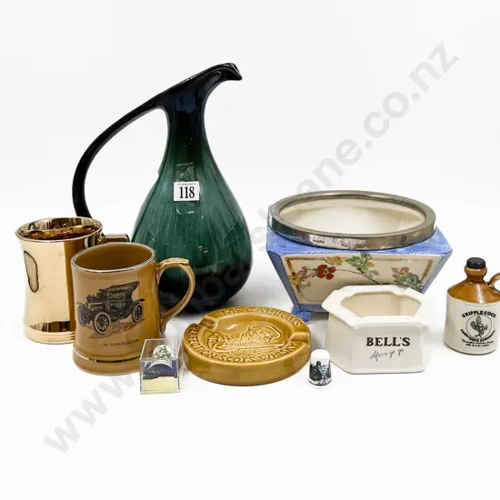 Small Quantity of Assorted China with Whiskey Advertising and Blue Mountain Pottery Jug