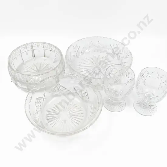 Small Quantity of Assorted Crystal and Glass Bowls Together with Pair of Webb & Corbett Goblets