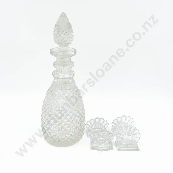 Pressed Glass Decanter Together with Four Shell Form Placeholders
