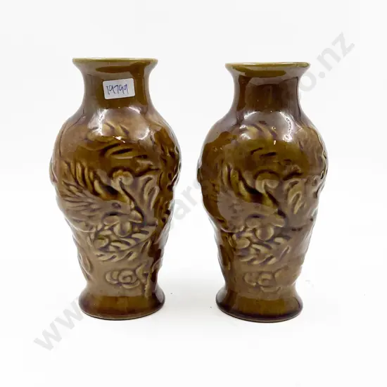 Two Glazed Relief Moulded Dragon Decorated Vases