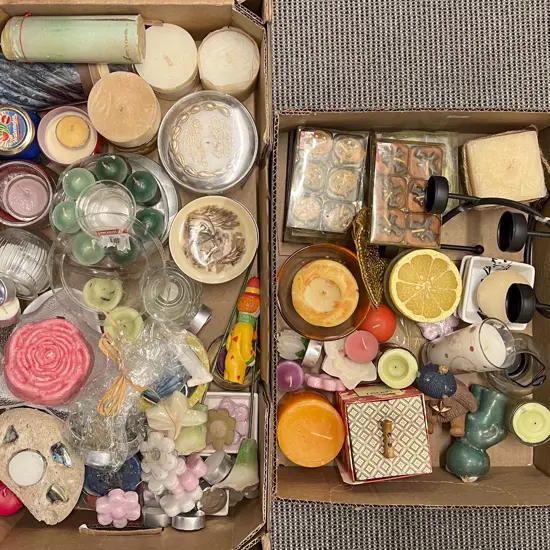 Two Boxes of Assorted Candles and Candle Holders