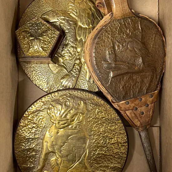 Box Including Vintage Bellows with Brass and Wooden Wall Hangings etc