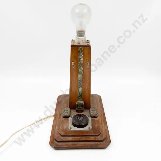 Vintage Table Lamp with Paua Inlay and Maori Motifs