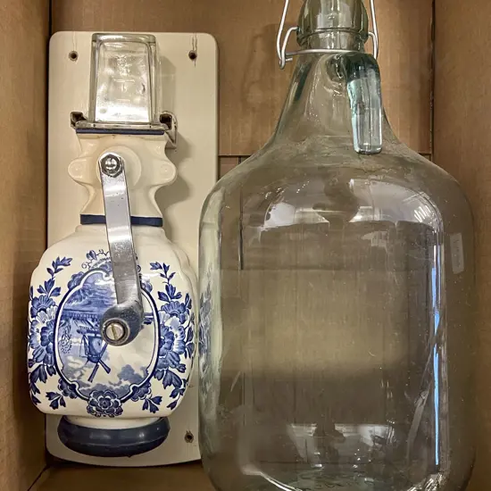 Blue and White Wall Mount Coffee Grinder with Large Glass Jar