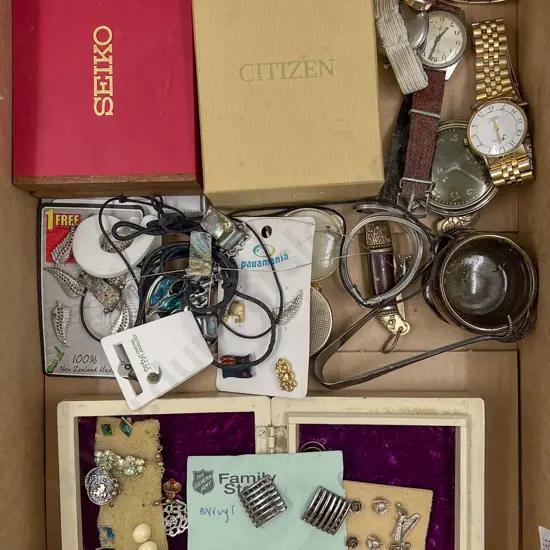 Box of Assorted Necklaces and Brooches Together with Watches etc