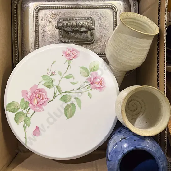 Two Pottery Goblets and Vase together with Cake Stand etc