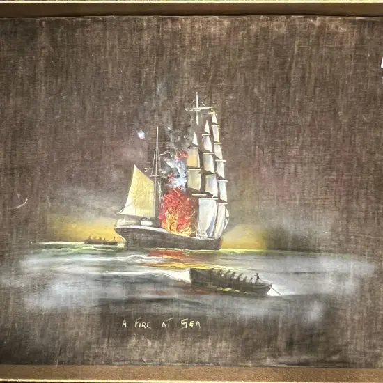 A Fire At Sea - Oil on Felt