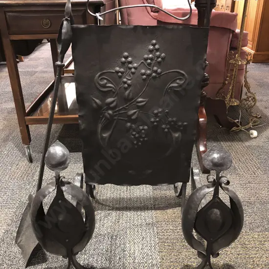 Circa 1900s Arts+Crafts Fire Screen with Fire Dogs and Shovel