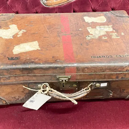 Early C20th Bullock Hide Suitcase Stamped 35 Guards Club