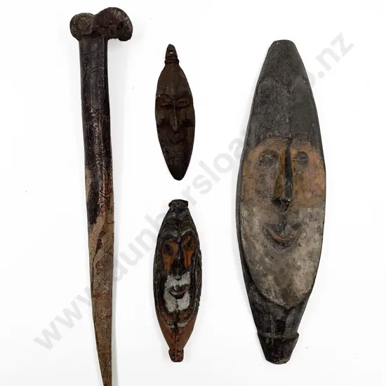Three Papua New Guinea Flute Masks With Cassowary Dagger