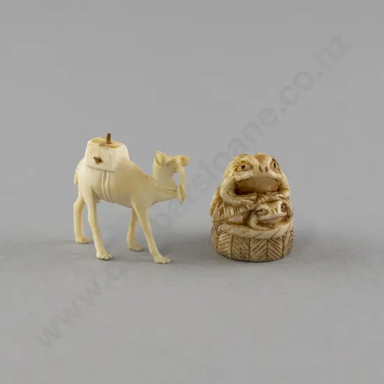 Small Carved Ivory Netsuke Frog With Carved Ivory Camel