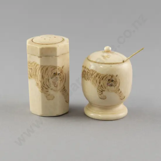 Carved Ivory Condiment Containers With Tiger And Rabbit Incised Designs