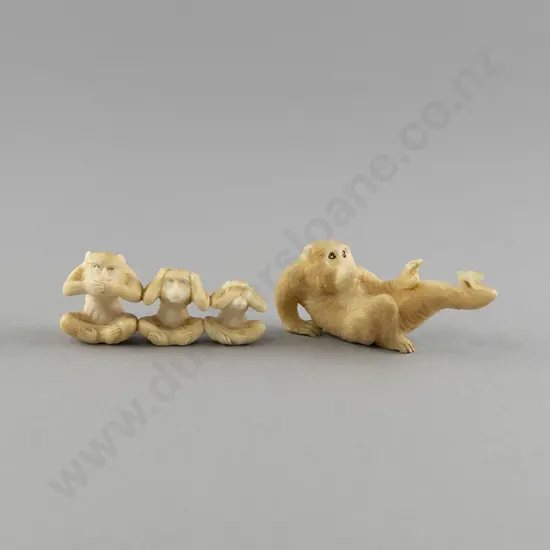 Carved Ivory Monkey With Ivory Monkey Group