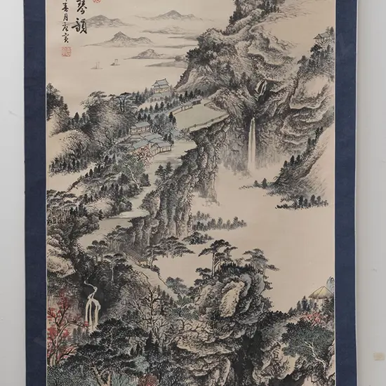 Chinese Scroll Depicting Pagodas And Mountain Landscape