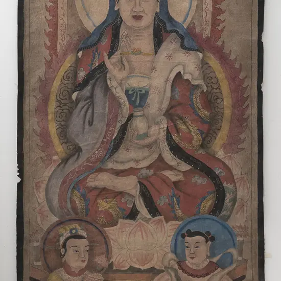 Chinese Scroll Of Guanyin With Attendants On Lotus Throne
