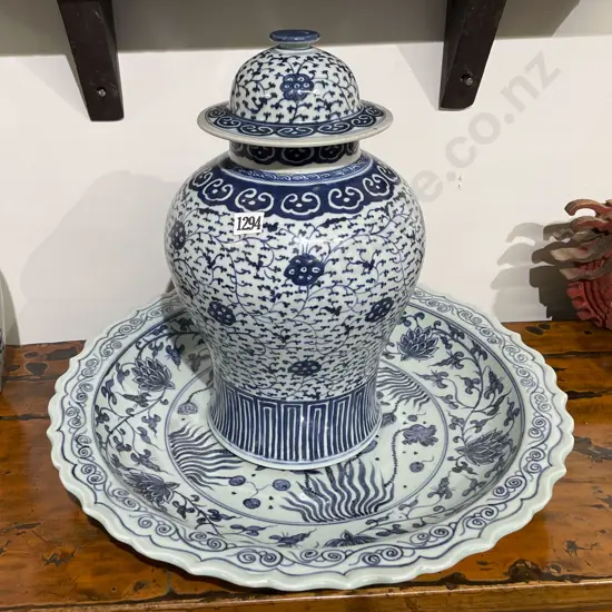 Large Blue and White Ming Style Lidded Jar With Platter