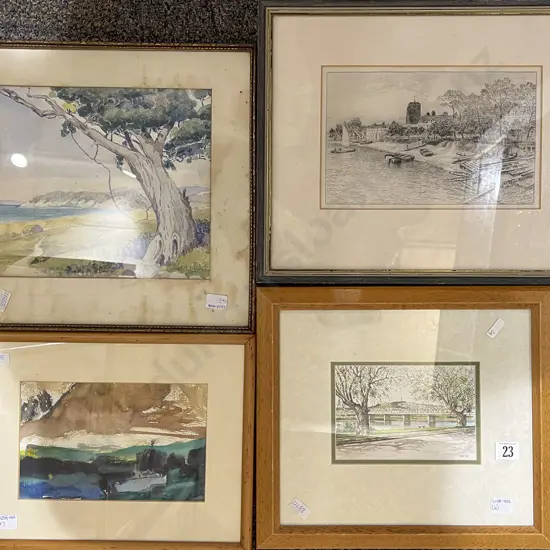 Three Framed W/C together with Framed Etching (4)