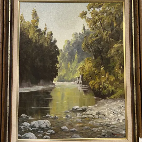 R V Stevens - Rock Pool Waiohine Gorge - Oil on Board