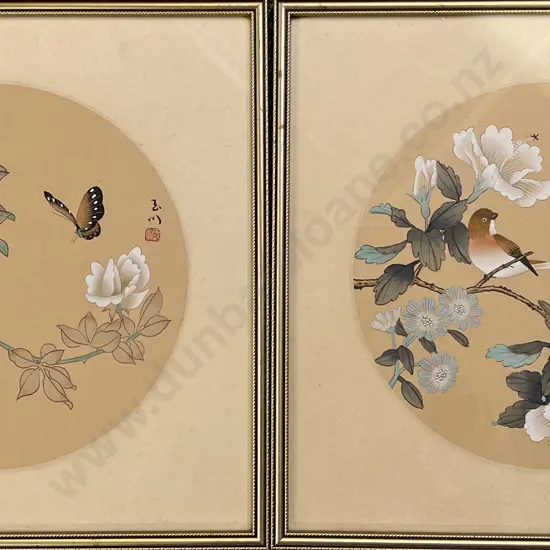 Pair Framed Japanese Bird & Butterfly Handpainted Watercolours on Silk