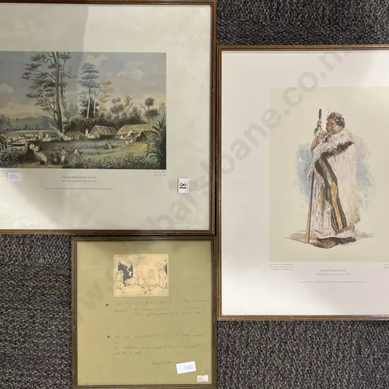 Two Framed Historical Prints and Framed Tom Scott Cartoon