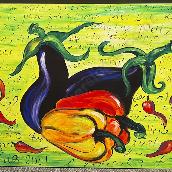 Paula Fitzgerald - Eggplant Chillies Peppers - Acrylic on board