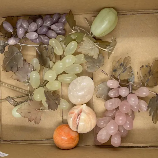 Box of Assorted Hard Stone Grape Ornaments etc