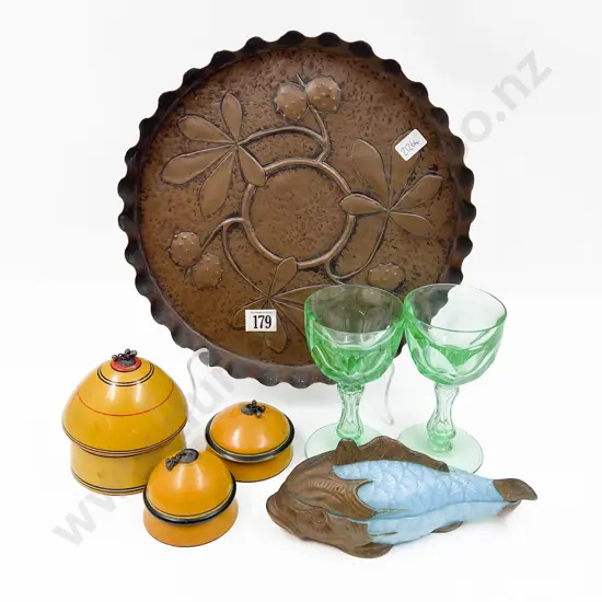 Pair of Press Glass Goblets together with Fish Form Dish and Three Trinket Boxes