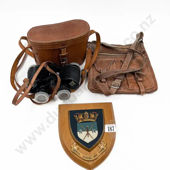 Cased Set of Binoculars together with Small Leather Bag etc