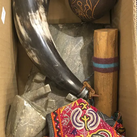 Large Soapstone Ornament together with Horn etc