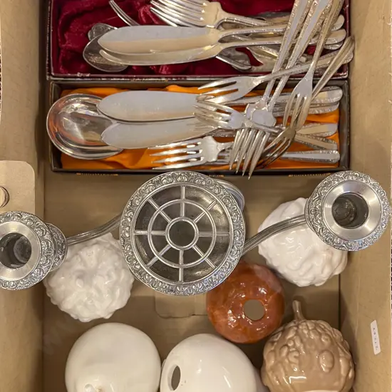 Box of Assorted including S/P Cutlery and Candelabra