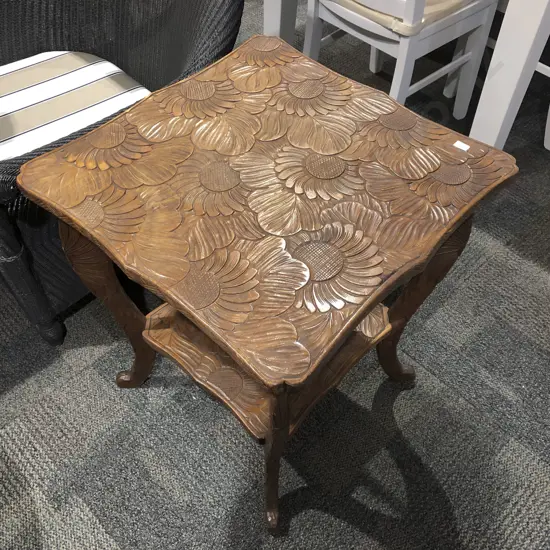 Carved Two Tier Occasional Table with Floral Design