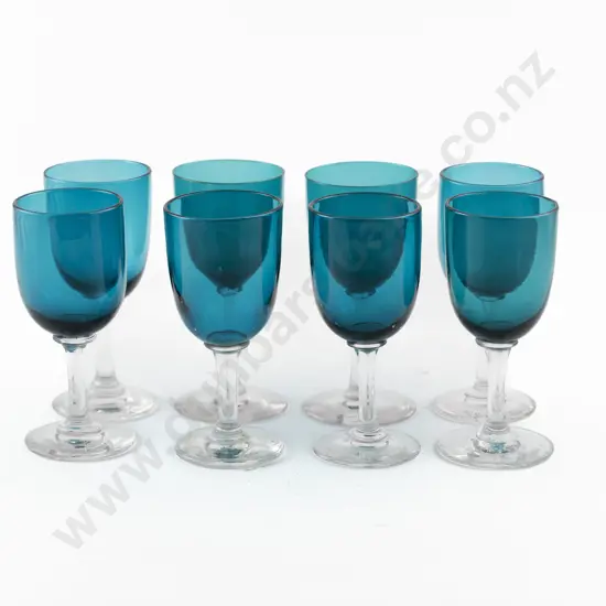Eight Victorian Bristol Blue/Green Glass Bowled Wine Glasses