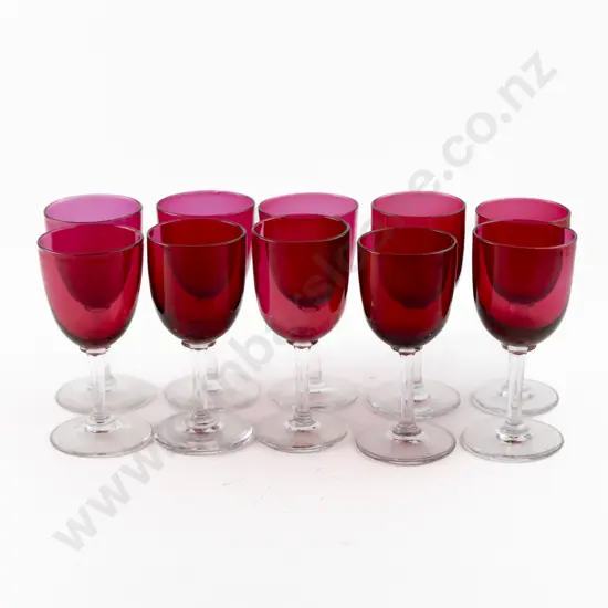 Ten Victorian Cranberry Glass Bowled Wine Glasses